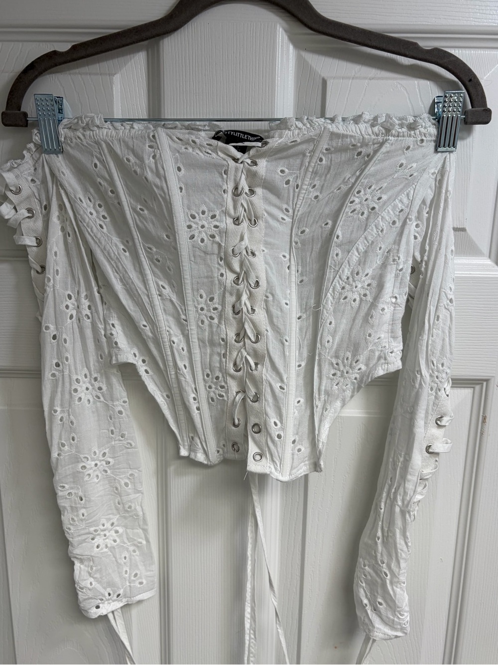 PrettyLittleThing White Eyelet Lace-Up Off Shoulder Corset Top
